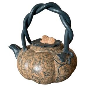 Yixing Chinese Pumpkin Purple Clay Hand Painted Teapot Grape Leaf Butterfly Lid